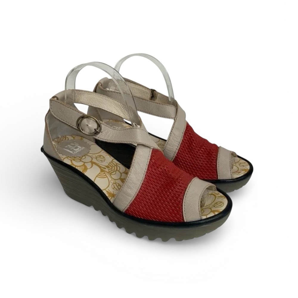Fly London Lace Red Leather Wedged Heel Sandal